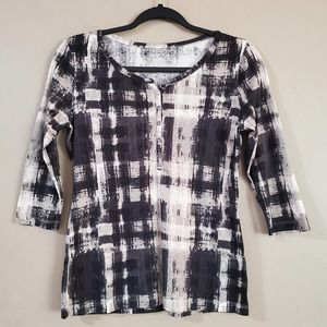 Relativity Womens Henley Tee Size PM Petite Plaid 3/4 Sleeve 1/4 Button Down Top